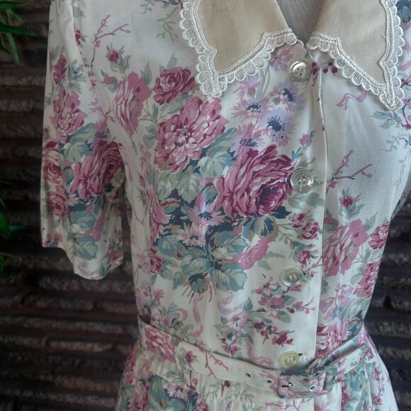 Karin Stevens Vintage 80s Rose Cottage Floral Lace Collar Shirtwaist Dress - Picture 9 of 16